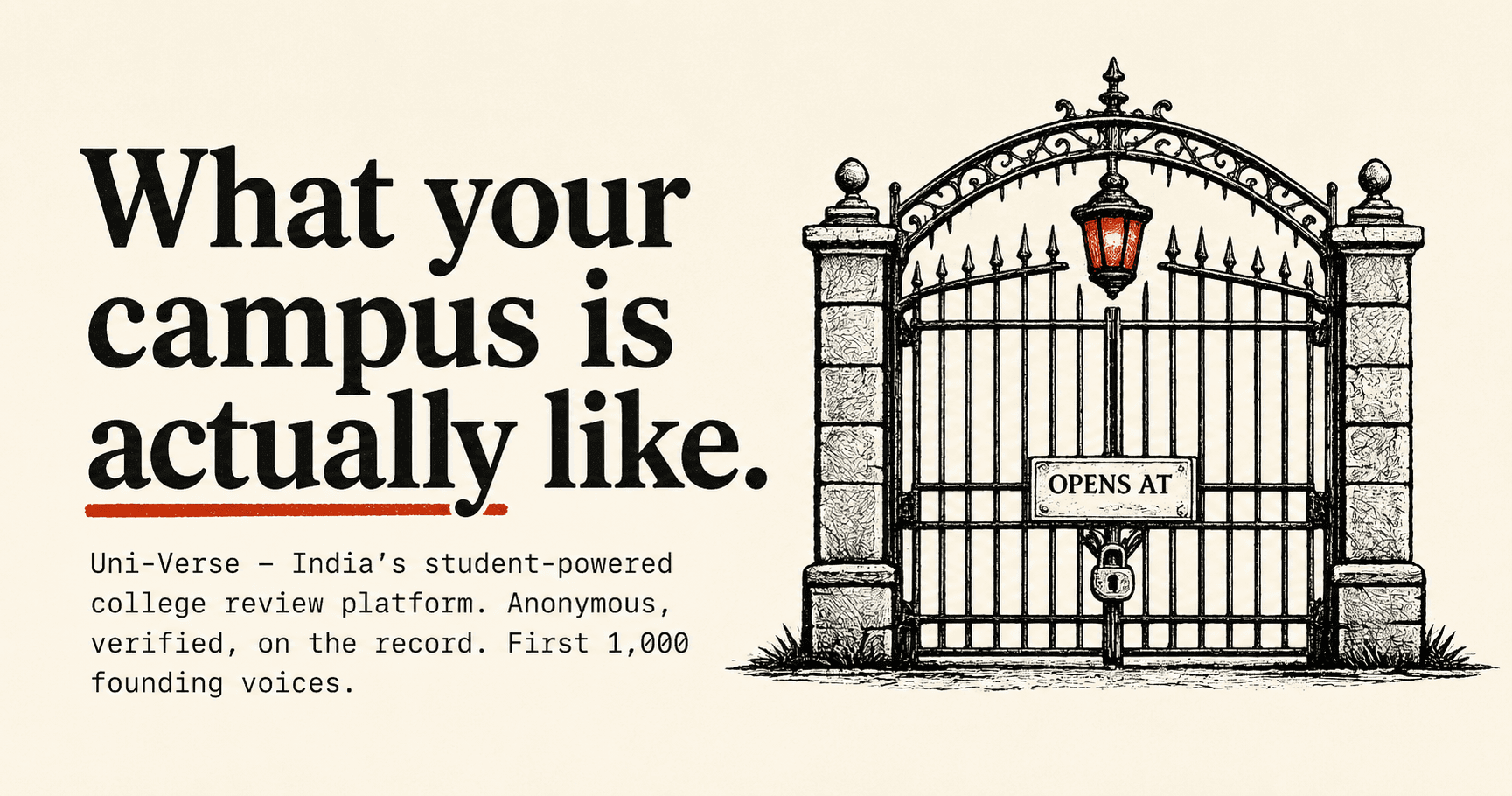 Uni-Verse front page: What your campus is actually like. India's student-powered college review platform.